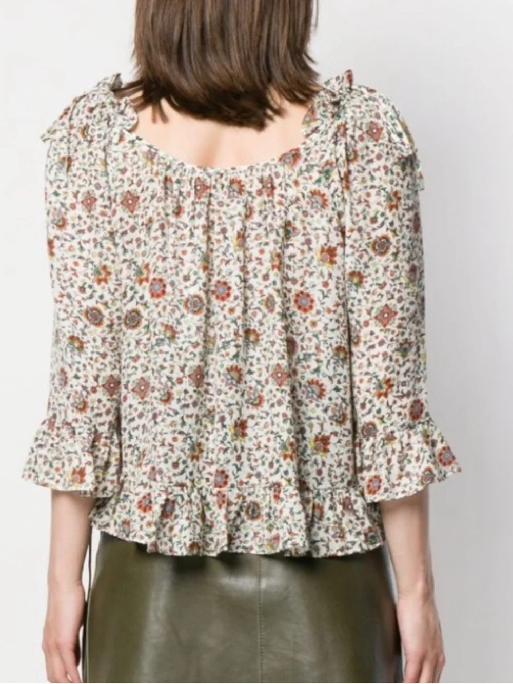 Tory Burch Ivory Soleil 100% Silk Floral Ruffle Peasant Blouse Sz 4 Boho Luxury